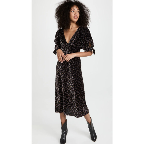 SEA Women's‎ Black Floral Valerie Velvet Back Tie Midi Dress Size 6 - Picture 2 of 7